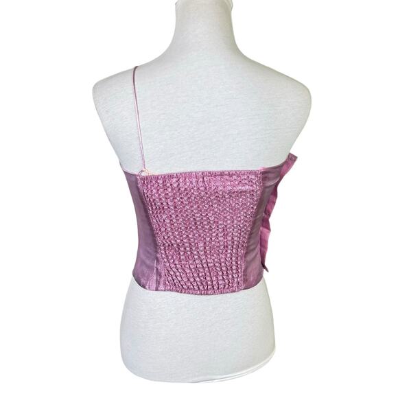 Hutch NWT Tessa Metallic Pink Flower Accent One Shoulder Smocked Back Top - Picture 4 of 15